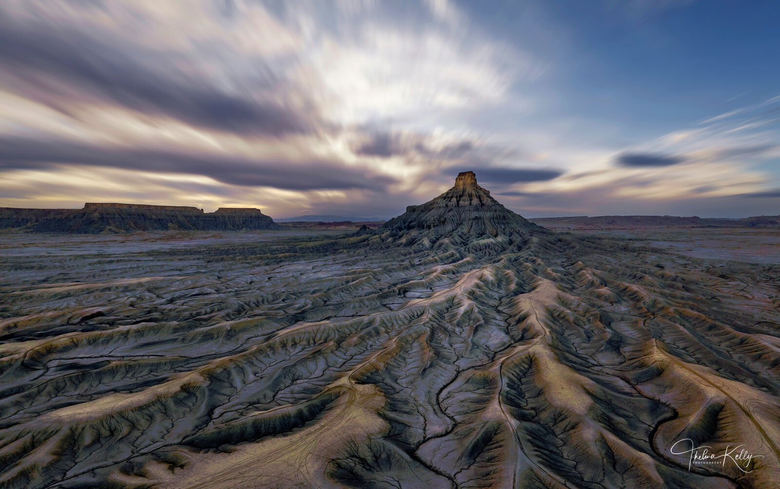 Factory Butte sunset in the Utah badlands.