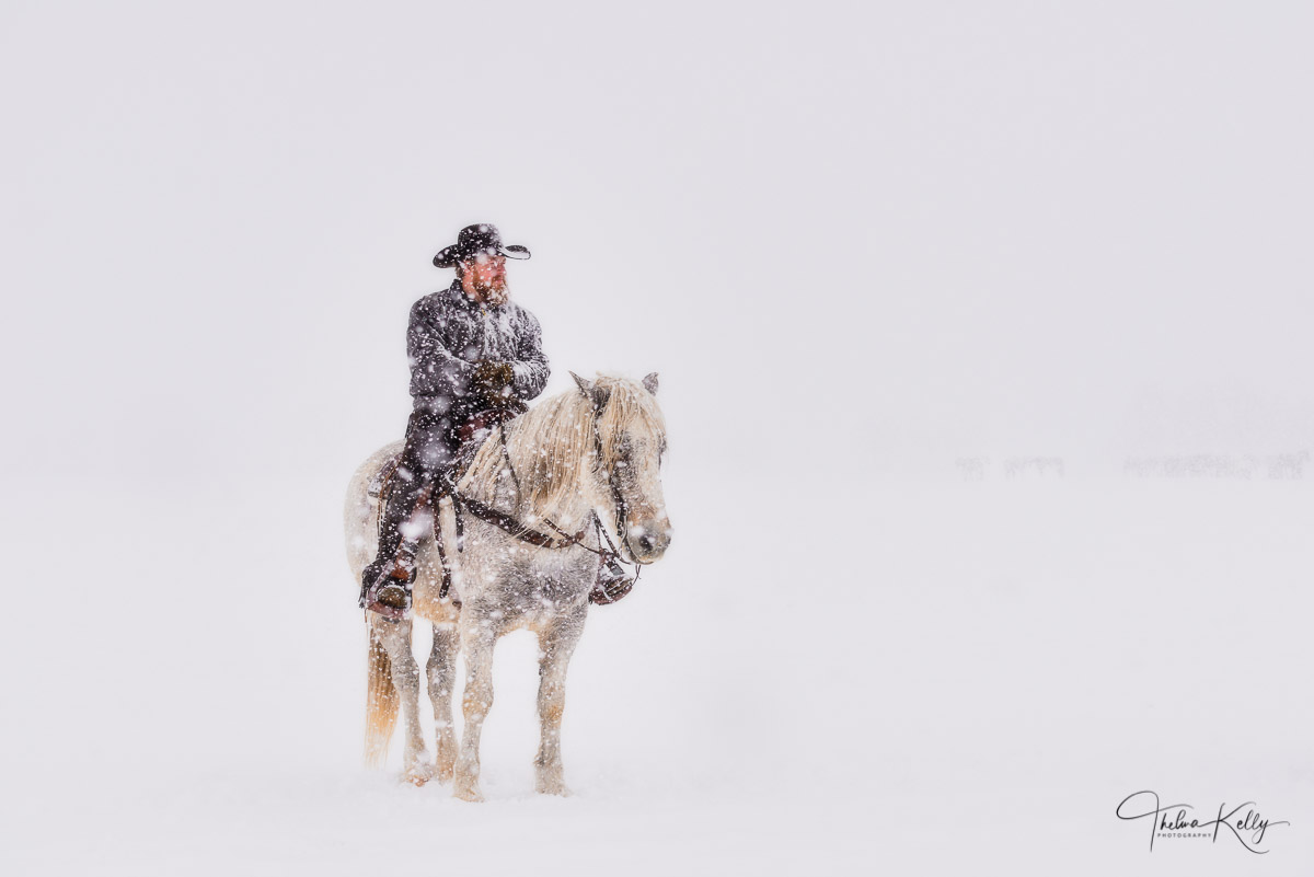 Cowboy contemplating the snowy conditions