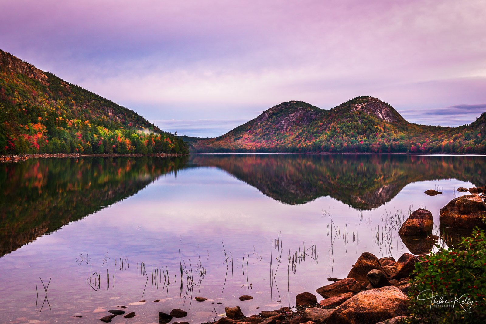 Sunrise at Jordan Pond A Limited Edition of 50 A beautiful sunrise combined with spectacular fall colors adorn this charming tarn in Acadia National...