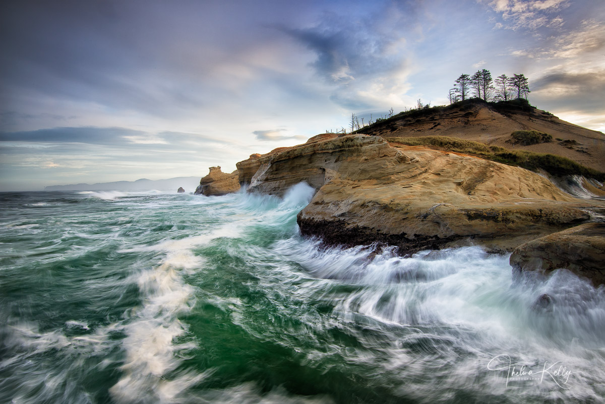 The spectacular wave action at Cape Kiwanda State Natural Area in Oregon is both thrilling and heart pounding.  This image is...